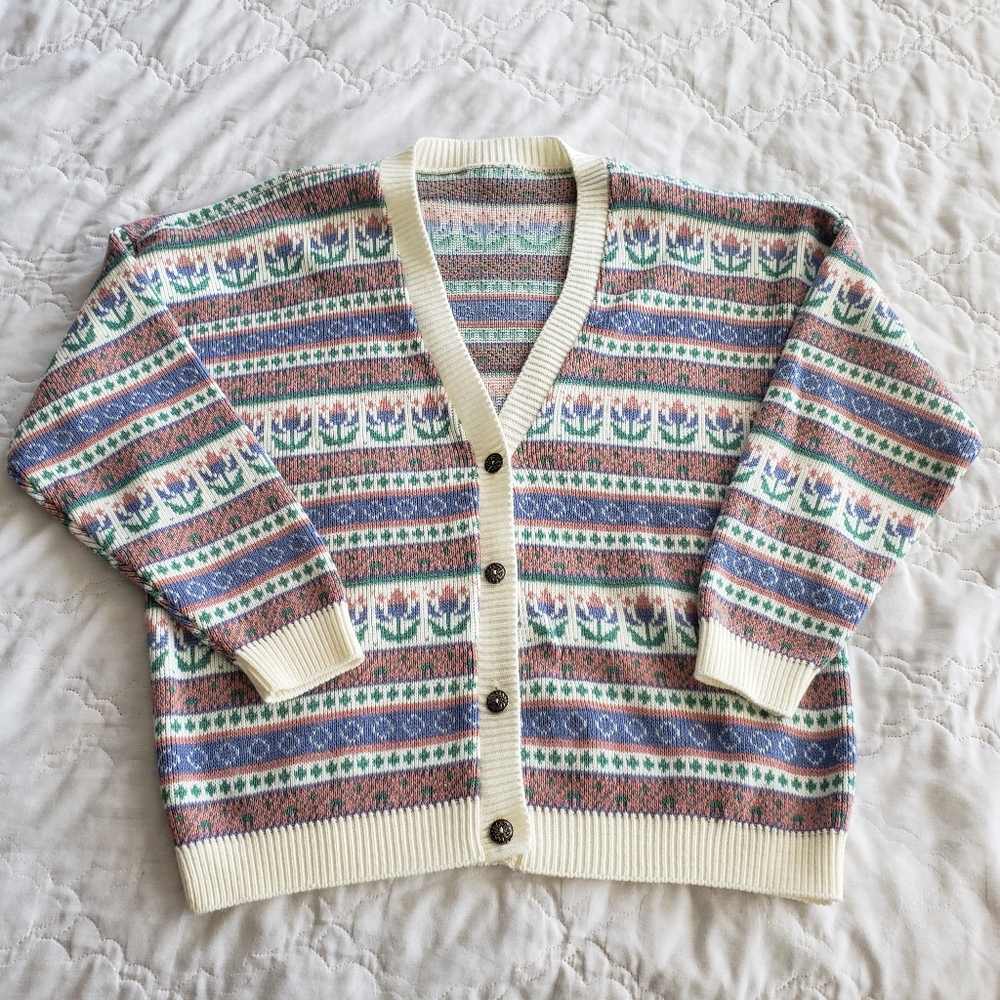 Vintage Fair Isle Cardigan Sweater Floral Nordic Knit Button Up Women’s M/L